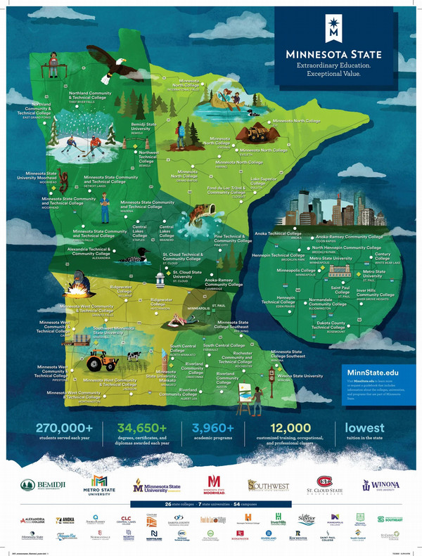 Poster of Minnesota State map showing locations of Minnesota State institutions