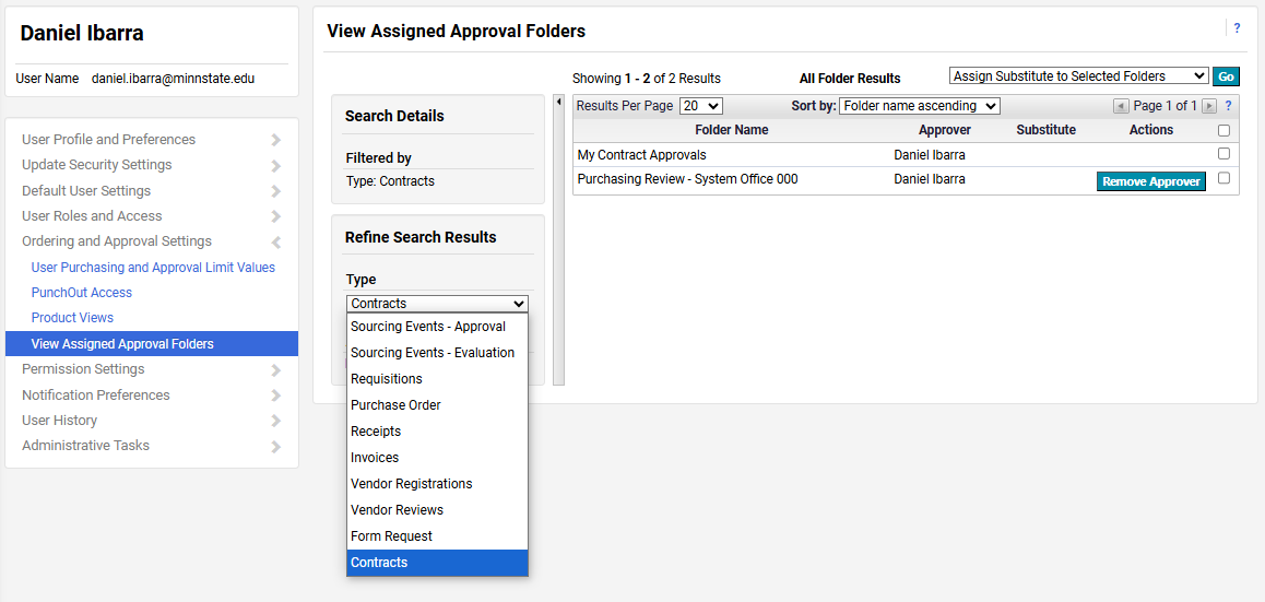 Enlarged screenshot showing 'View Assigned Approval Folders' in Ordering and Approval Settings