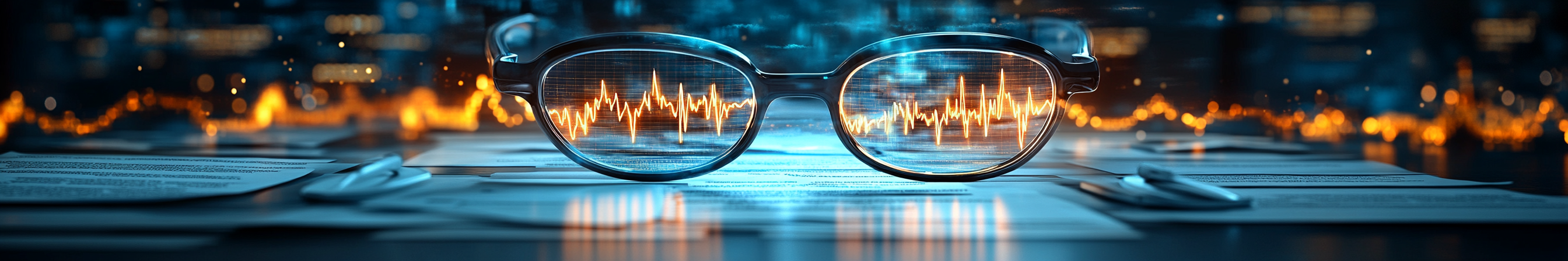 Decorative header image of glasses on a desk with an EKG readout in the background